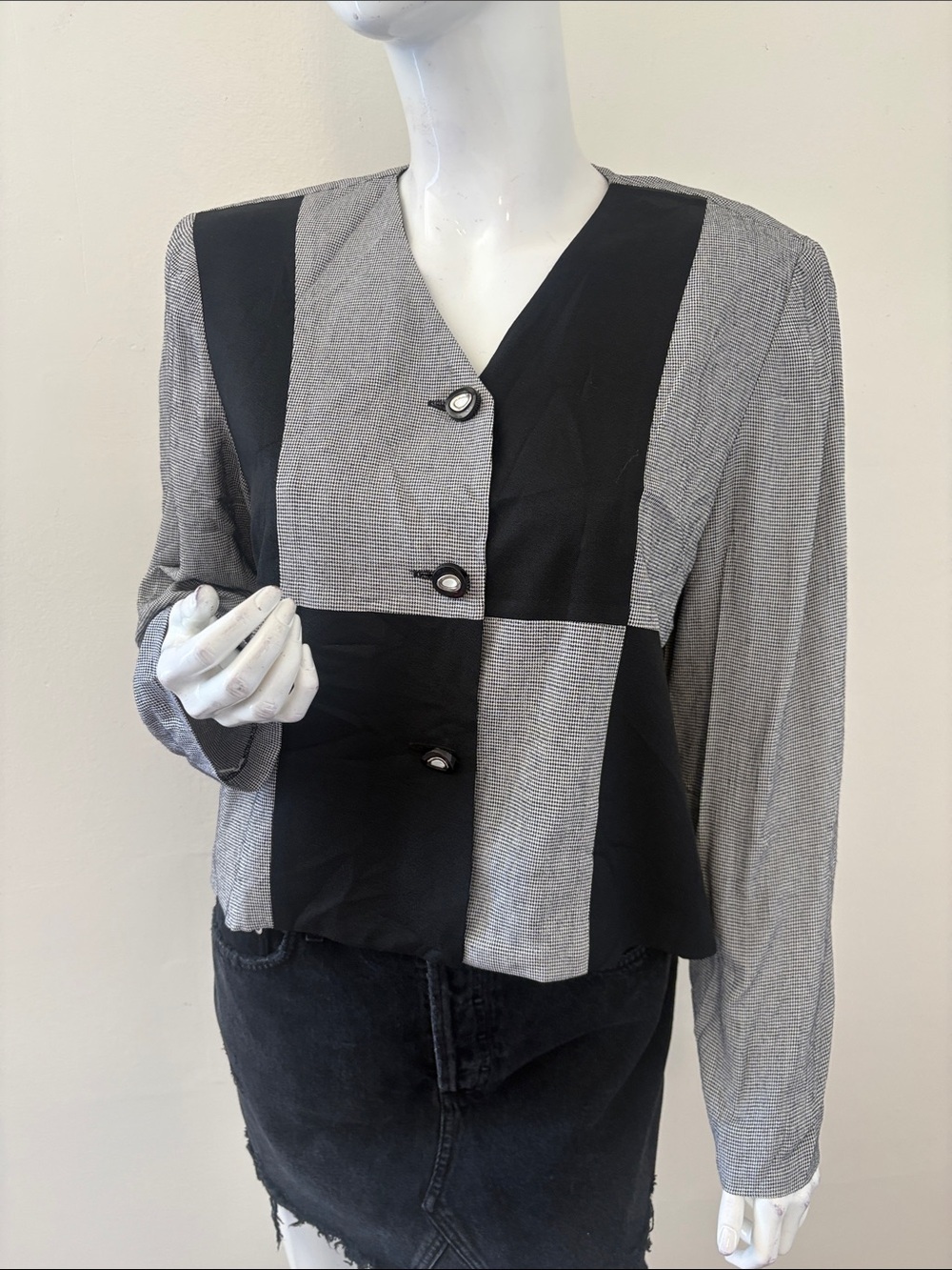 Vintage 80s D.J. Summers Black & White Houndstooth & Black Panel Cropped Jacket